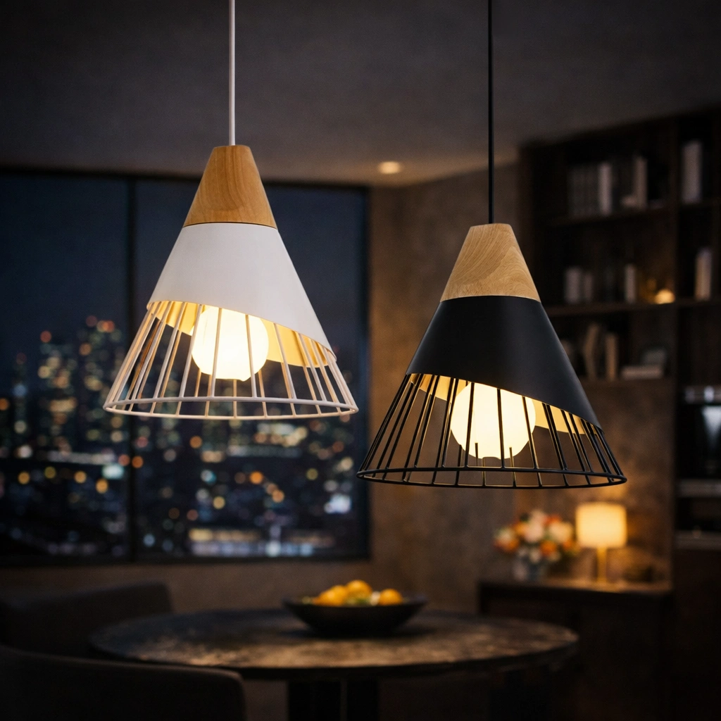 KASHI – Wisząca lampa z metalu i drewna w stylu japandi czarna lub biała