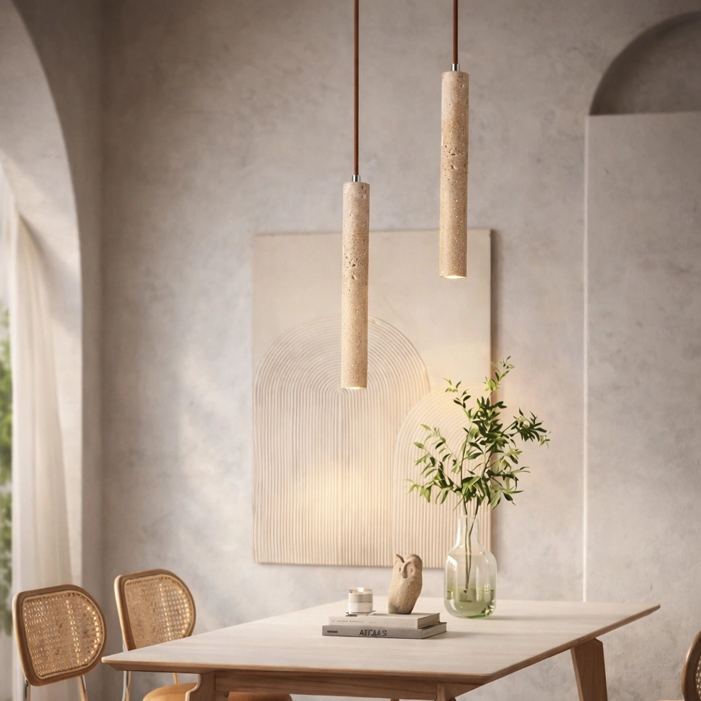Lampa wisząca NOMIA z trawertynu – naturalna elegancja w stylu Japandi i Wabi-Sabi