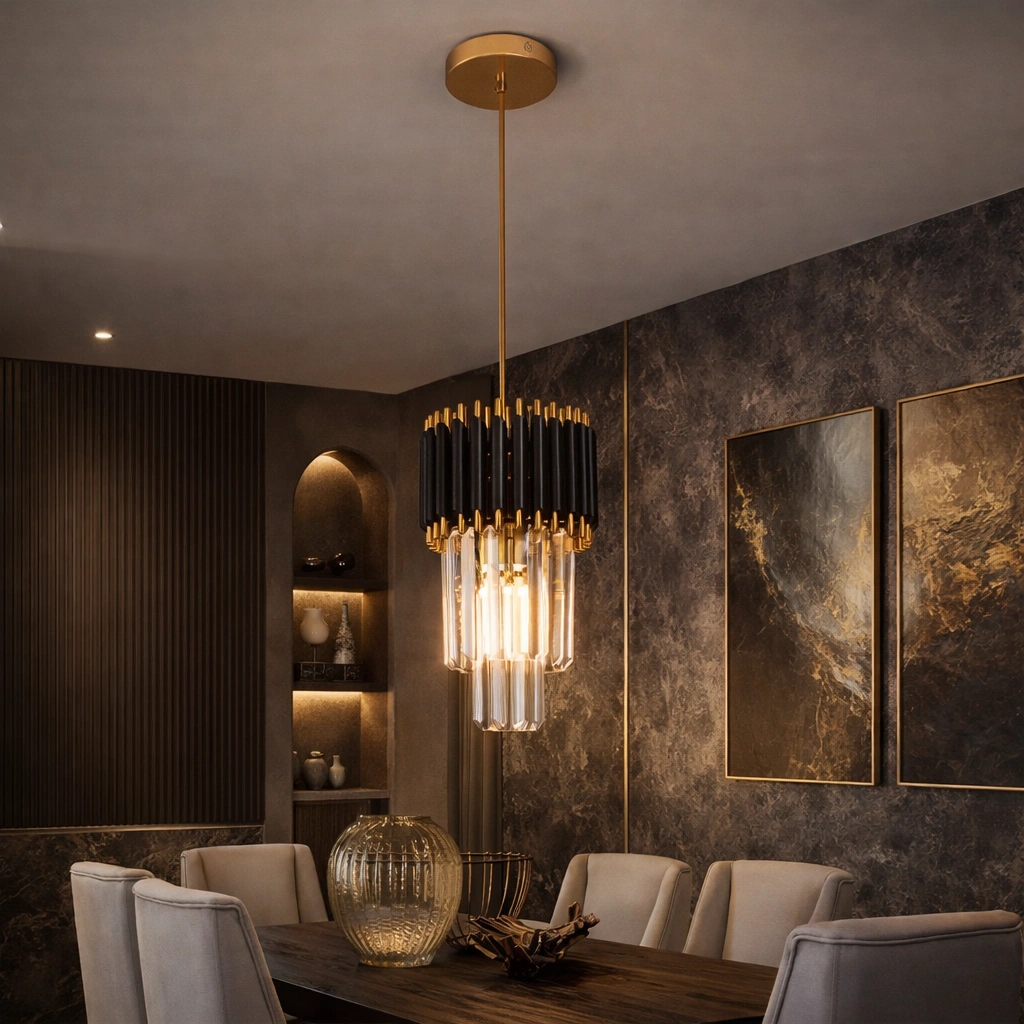 Lampa wisząca VALÉRIA – nowoczesna czarno-złota lampa kryształowa o luksusowym charakterze