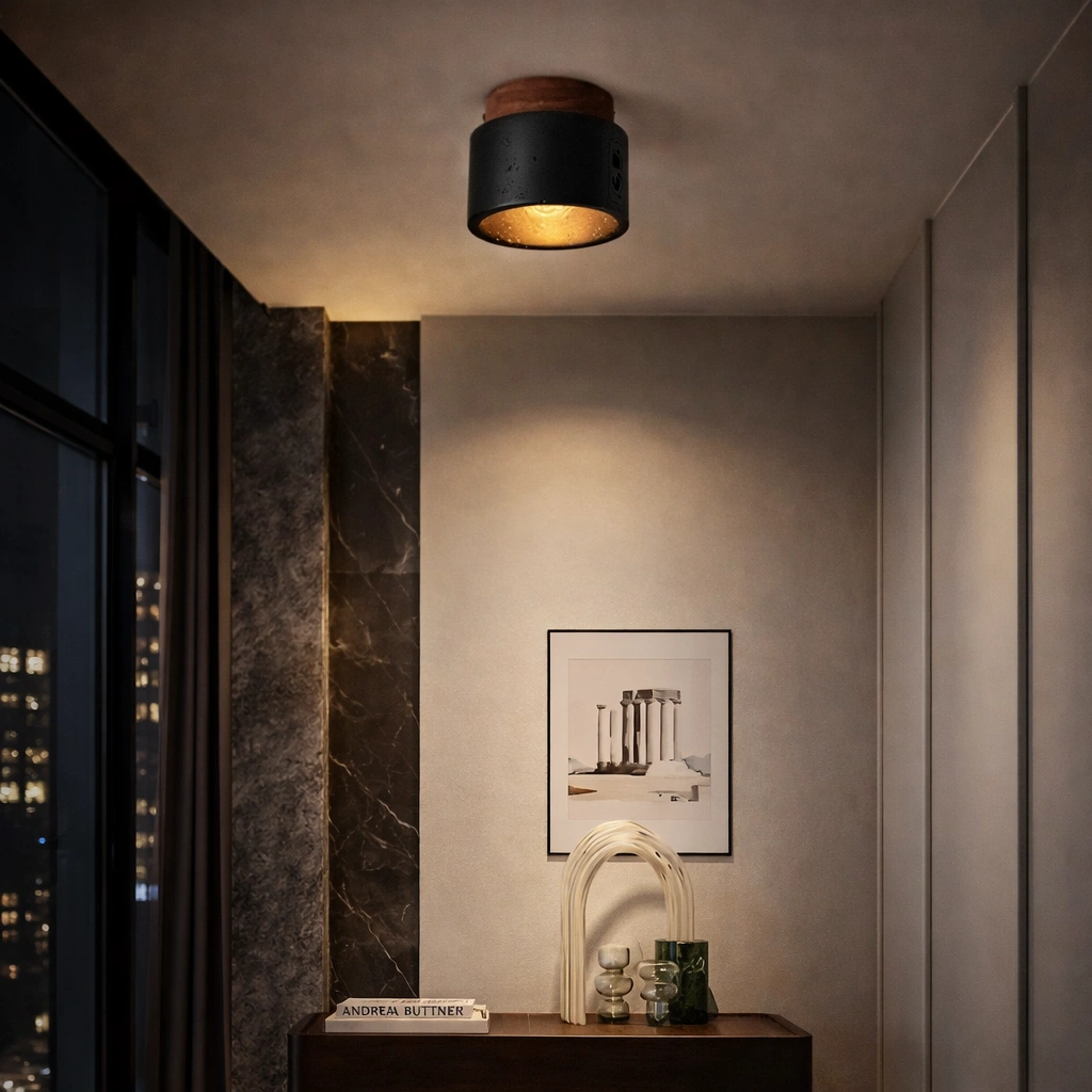 TORRA — sufitowa lampa z naturalnego trawertynu i drewna | Światło w stylu Japandi i Wabi-Sabi