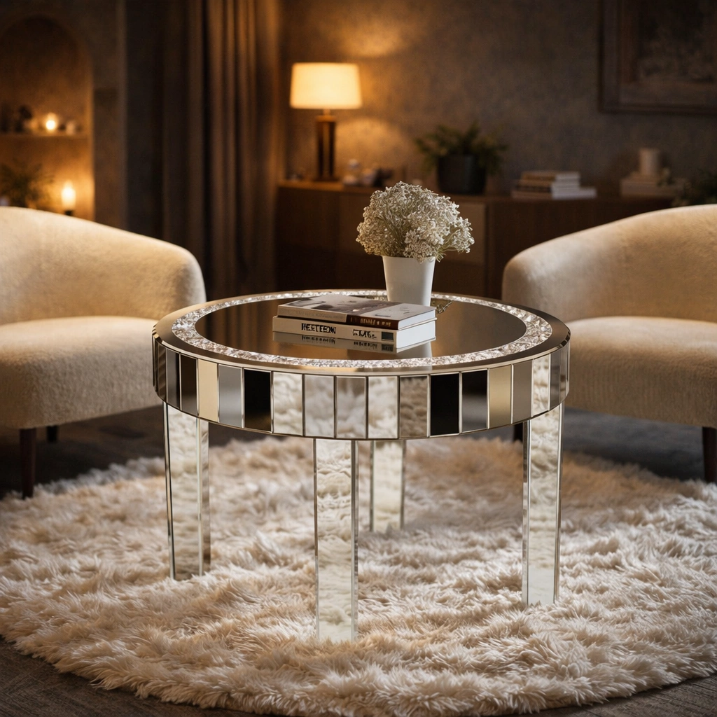 CRYSTALLIA – Okrągły stolik kawowy glamour z lustrzanym blatem i kruszonymi kryształami 60 cm