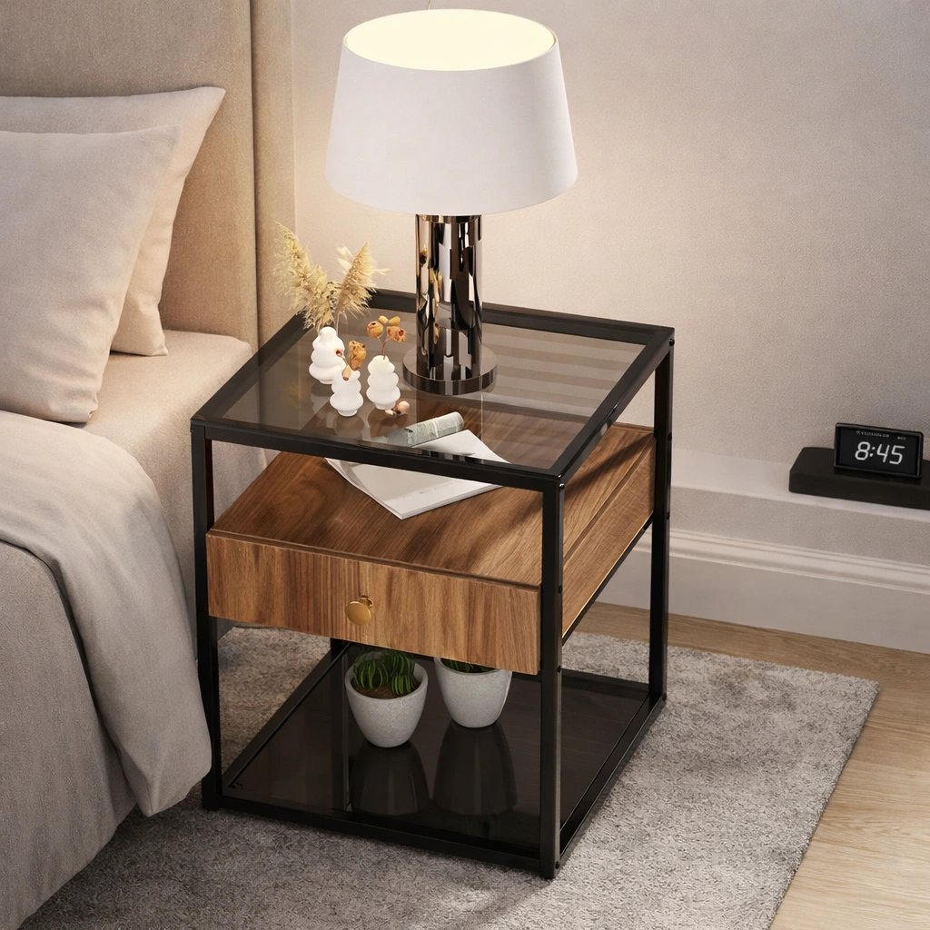 Szafka nocna Clairmo z drewnianą szufladą, szklanym blatem i metalowym stelażem – loftowy minimalizm z nutą elegancji