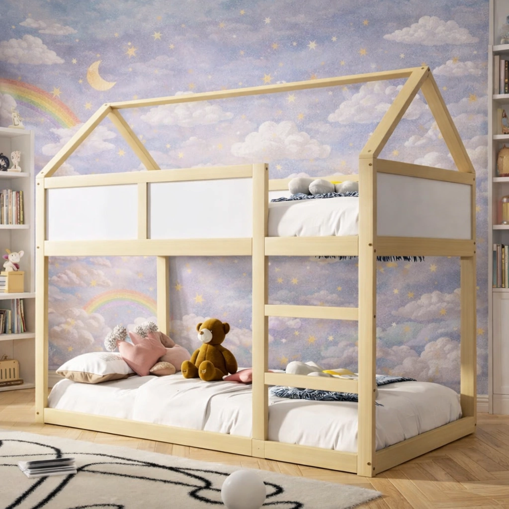 Naptopia – Domek do Spania i Marzeń | Piętrowe Łóżko Dziecięce 90x200 z Barierkami i Dachem