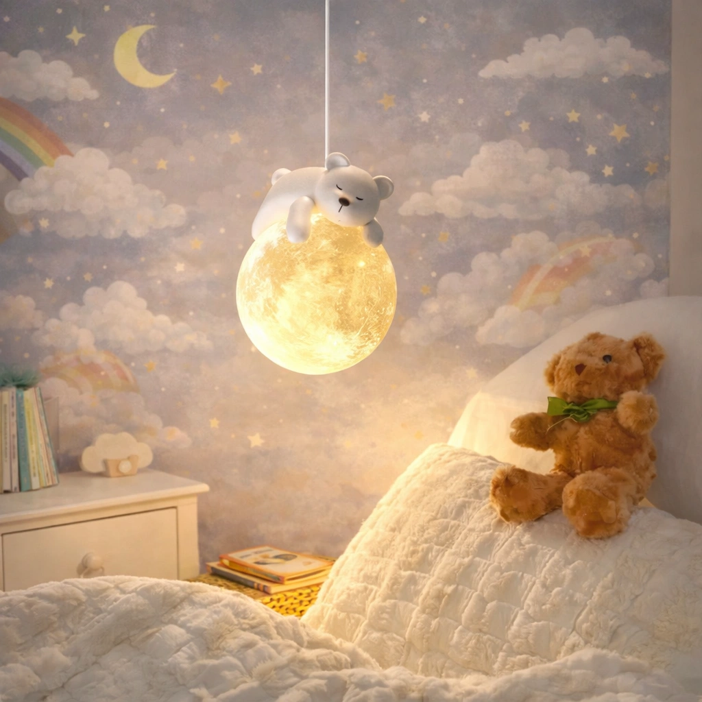 Little Prince – bajkowa lampa wisząca z misiem lub zajączkiem na księżycu | idealna do pokoju dziecięcego