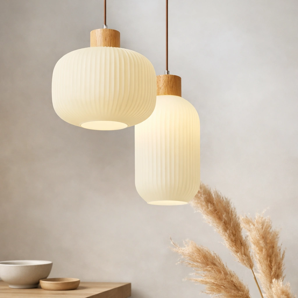 KASUMI – lampa wisząca Japandi z mlecznego szkła i naturalnego drewna