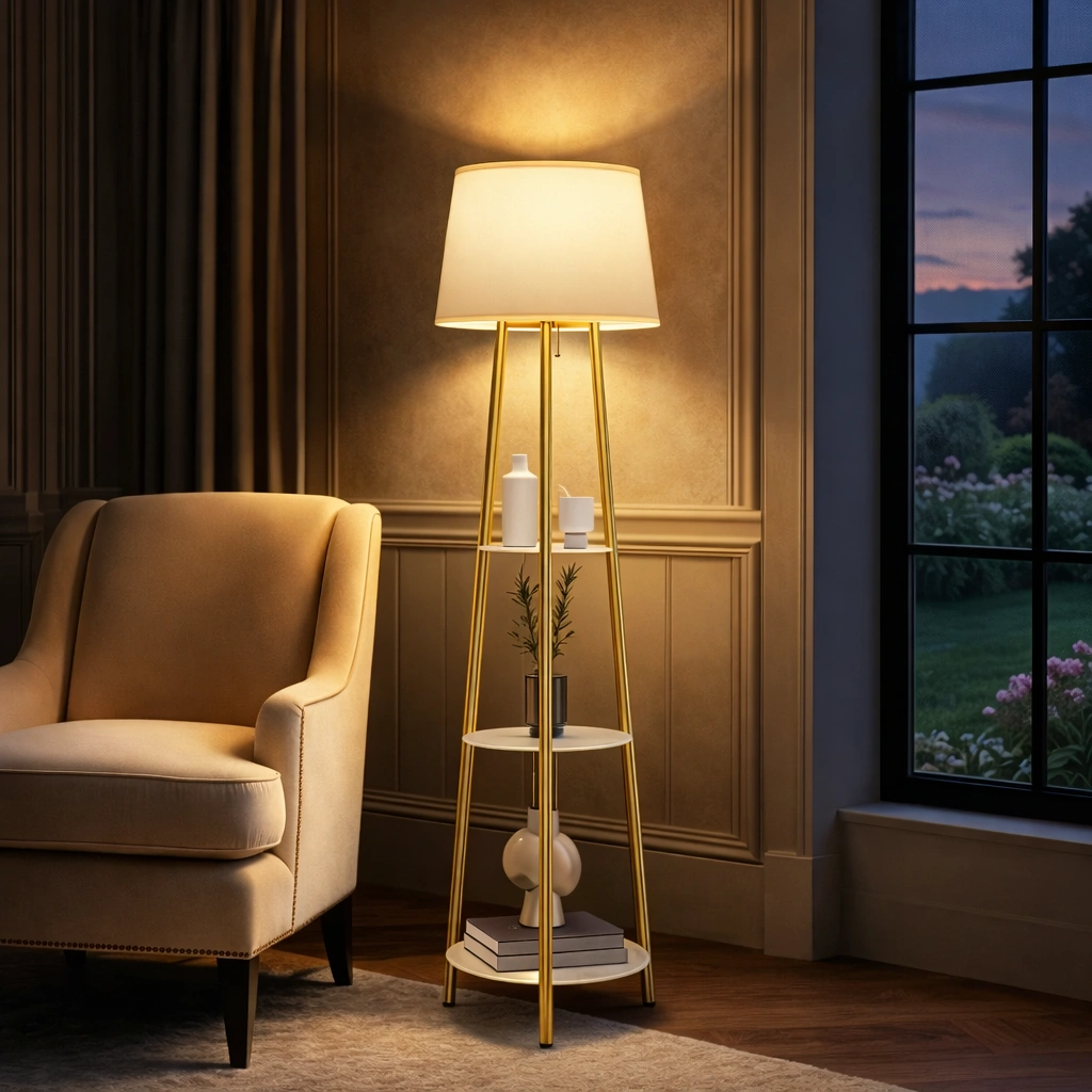 CALDORA – Designerska lampa podłogowa z półkami ze szkła hartowanego i złotym wykończeniem