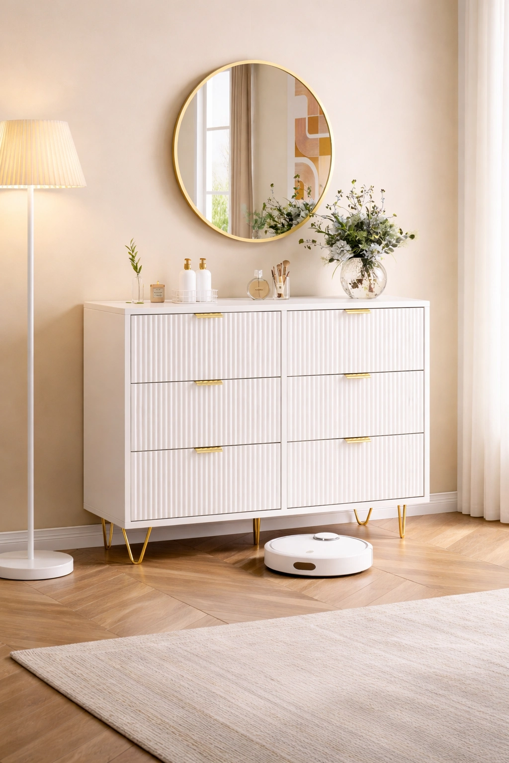AUREVA – Ryflowana Komoda Podwójna z 6 Szufladami | Biała | Złote Detale | Soft Luxury