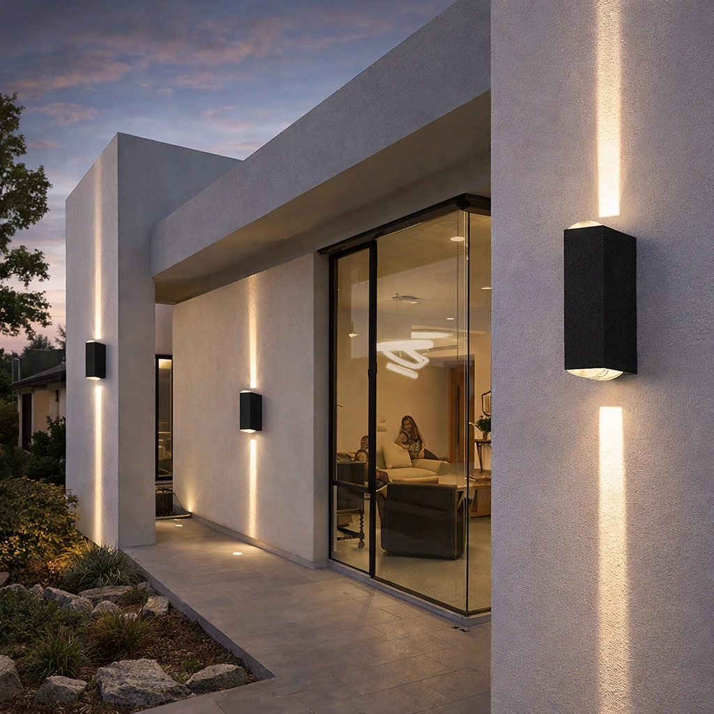 Lampa elewacyjna LED TRIVARO – nowoczesna lampa zewnętrzna góra dół / potrójna wiązka światła, aluminium matowa czerń