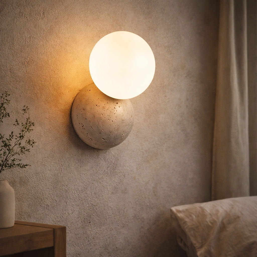 Kinkiet ścienny LUNERA – designerska lampa z trawertynu i mlecznego szkła w stylu Japandi