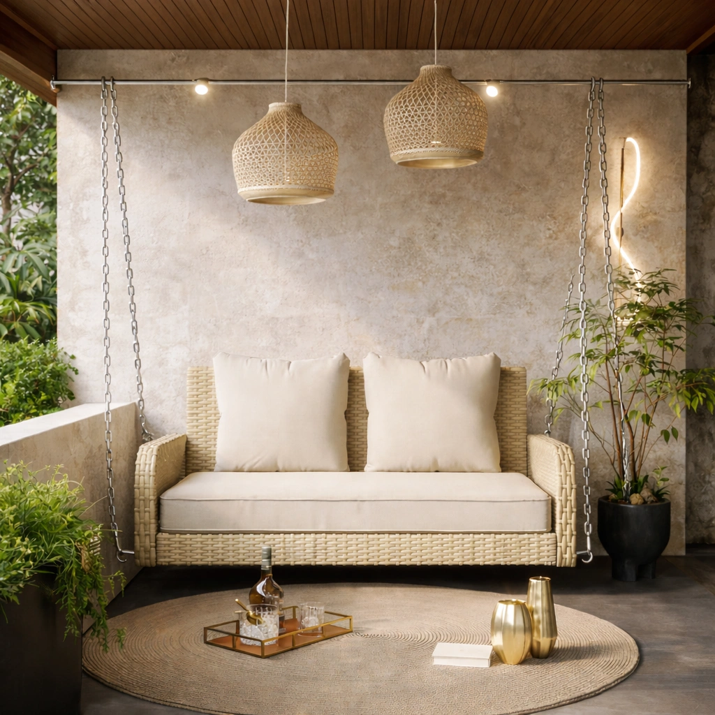 VARENA – Huśtawka Ogrodowa z Rattanu Premium | 2-osobowa Sofa Wisząca Taras/Balkon