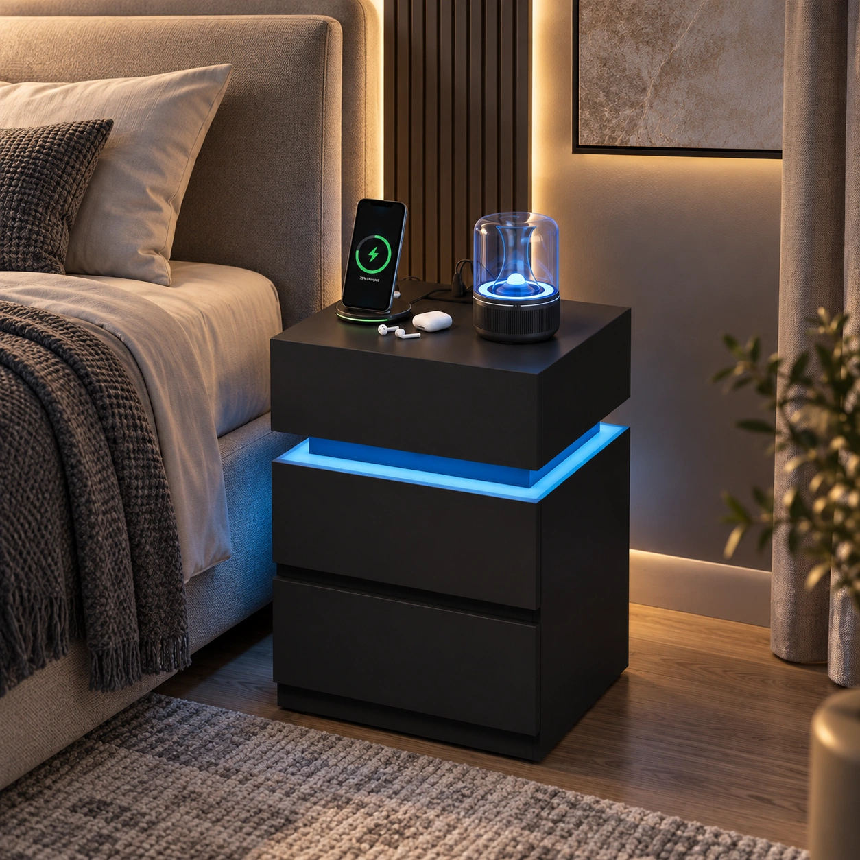 ZAREVIA – inteligentna szafka nocna LED z ładowaniem USB i gniazdami 230V
