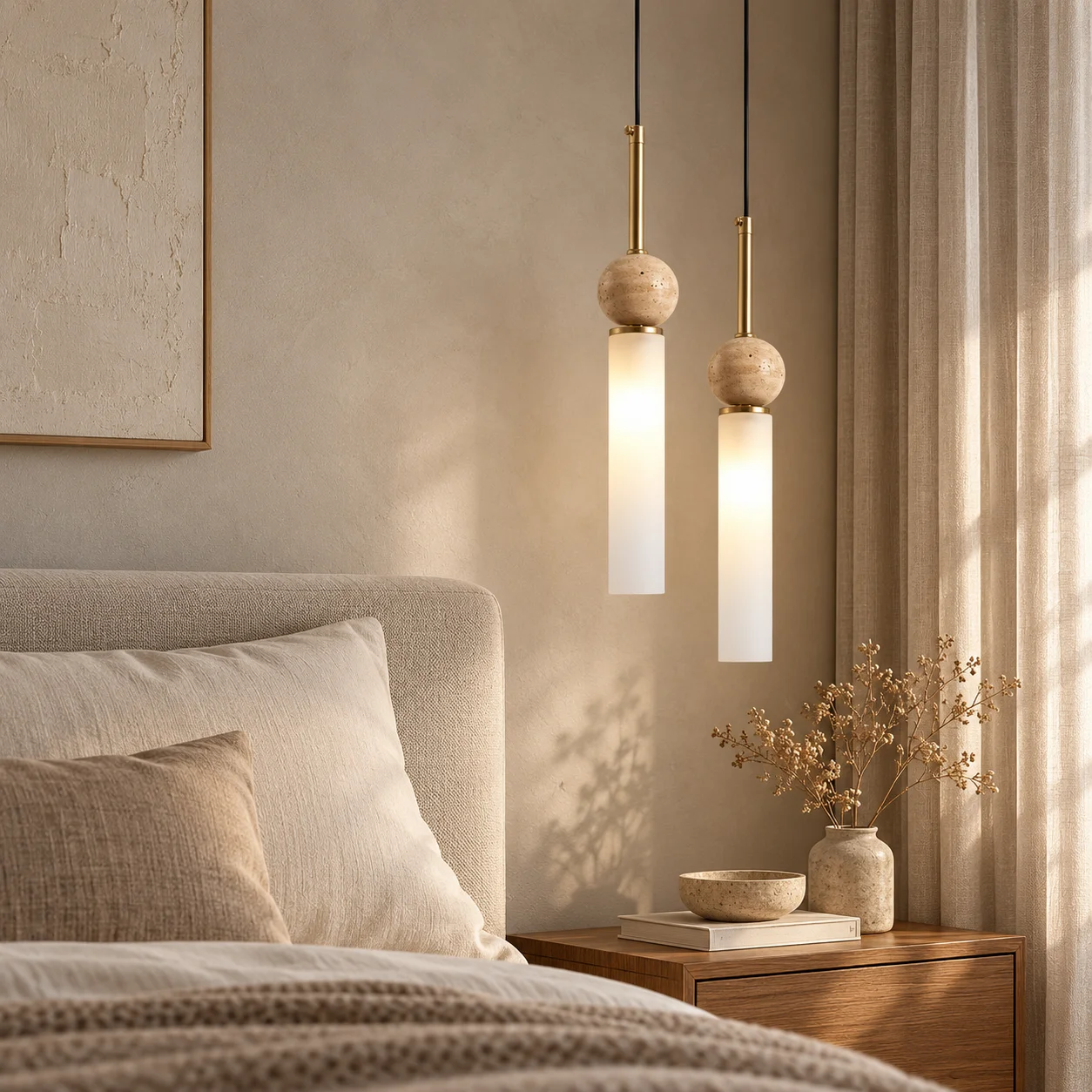 TAVÉRA – minimalistyczna lampa wisząca z naturalnym trawertynem i mlecznym kloszem