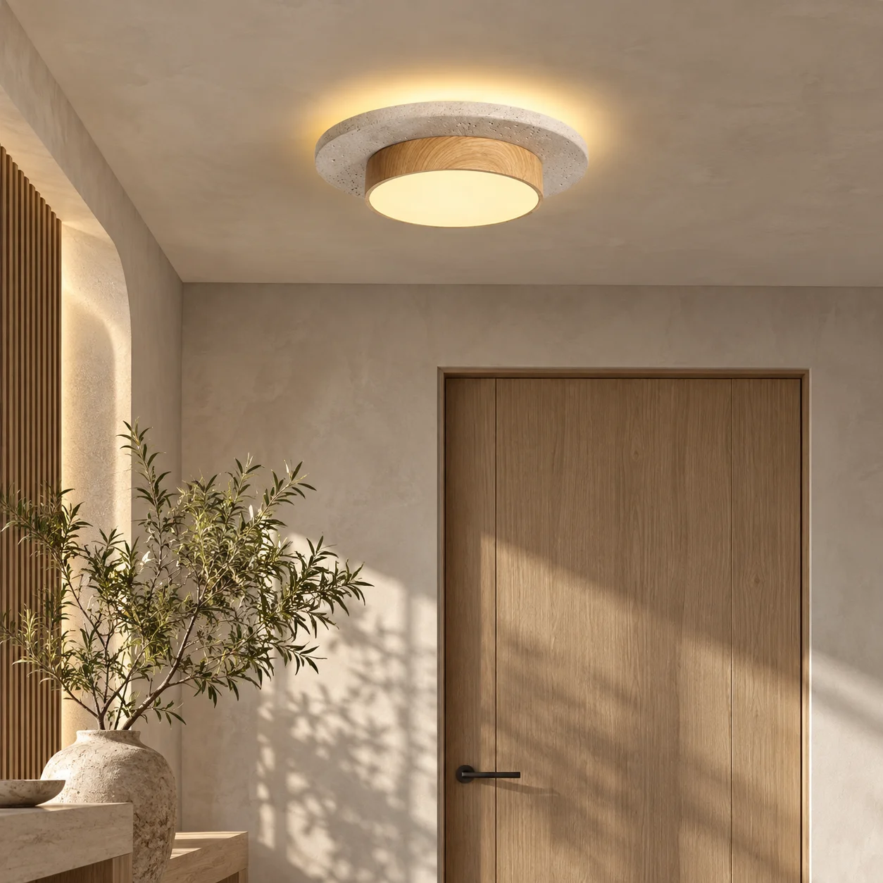 LITHORA – plafon LED z naturalnego trawertynu w stylu Japandi | Orzech / Surowe drewno